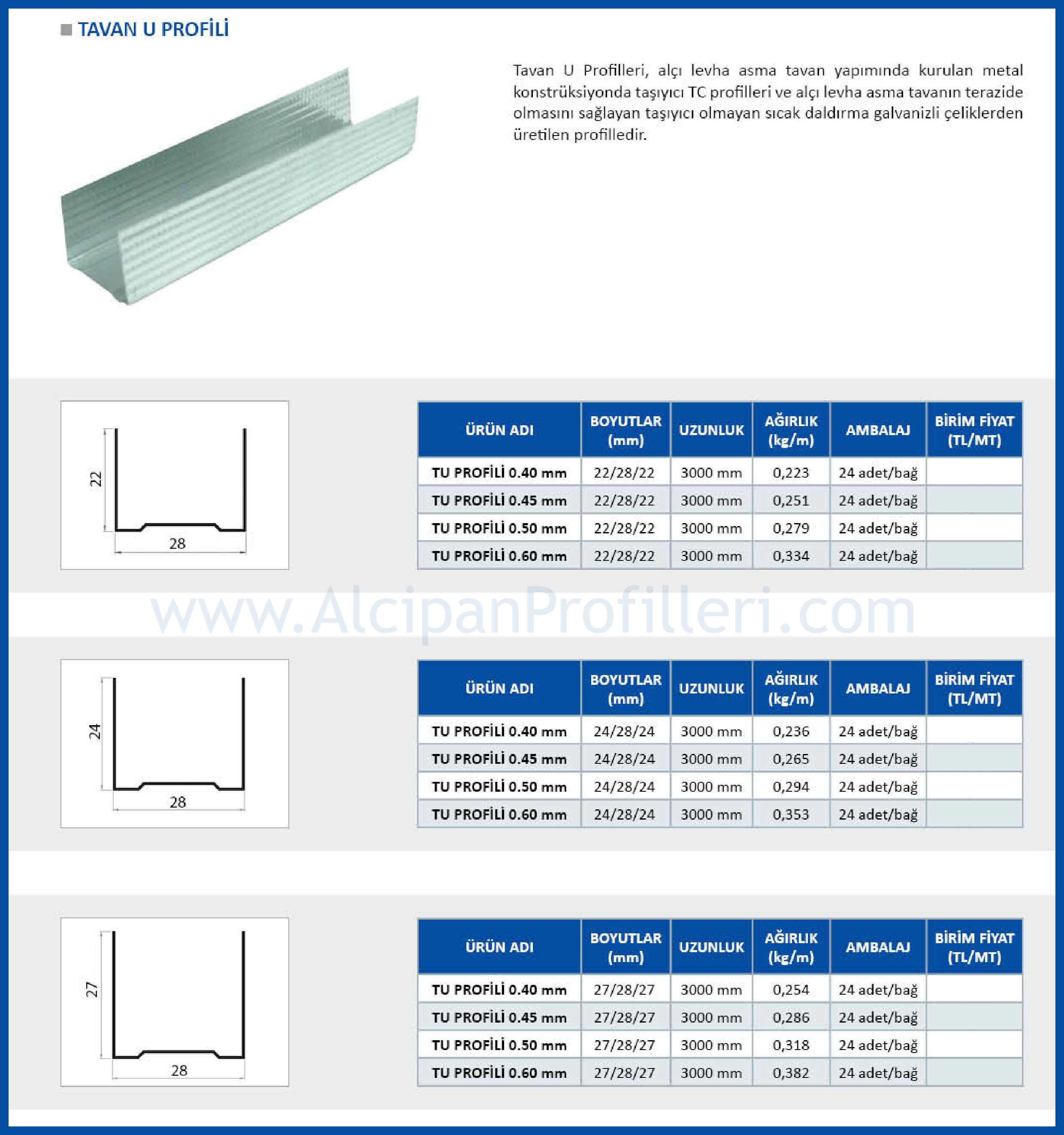 Alçıpan Duvar U ve C Profilleri Toptan Fiyatı, Alçıpan Profil Fiyat Listesi