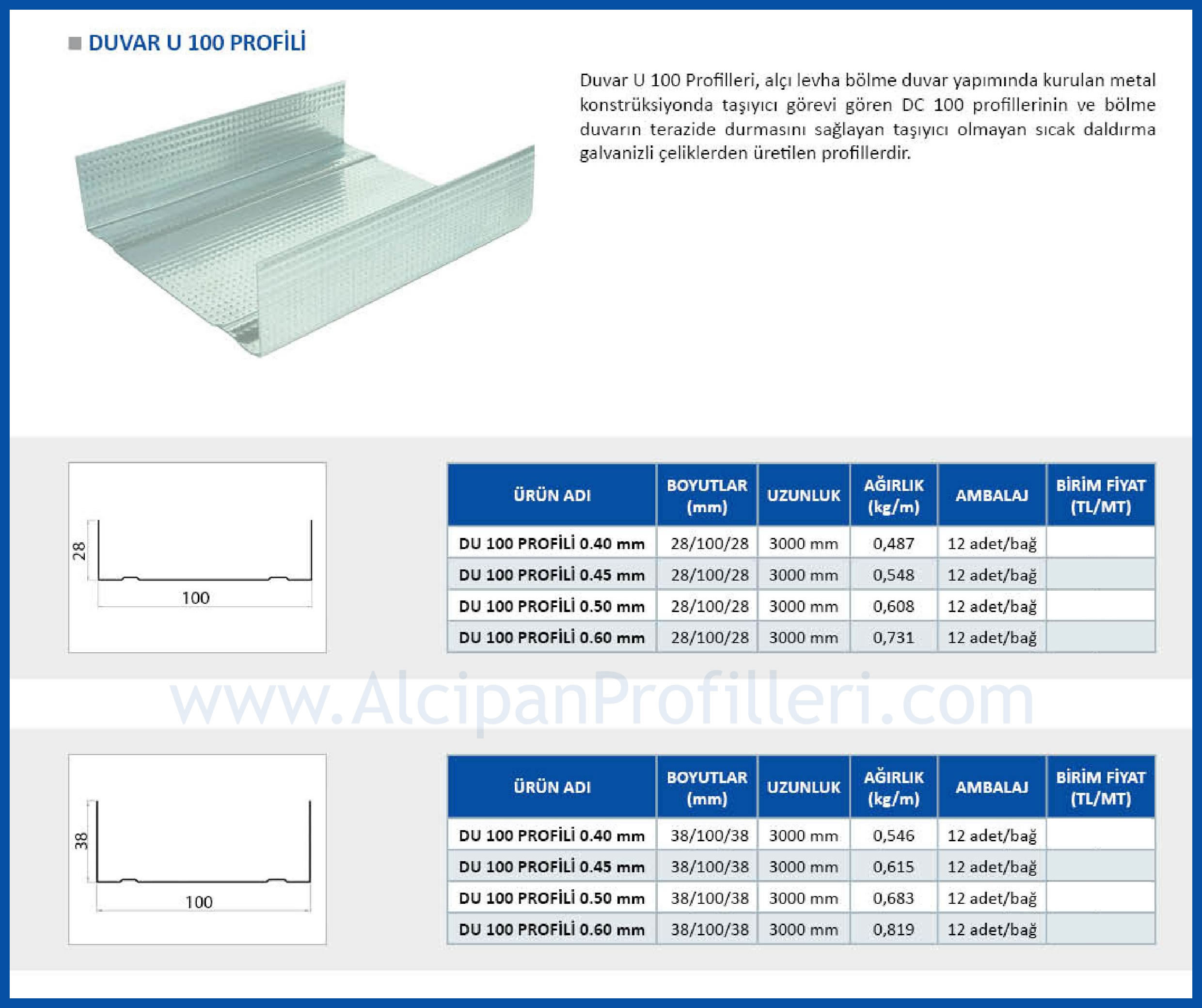 Alçıpan Duvar Tavan U ve P profilleri Ölçü Ağırlık ve Fiyat Tablosu