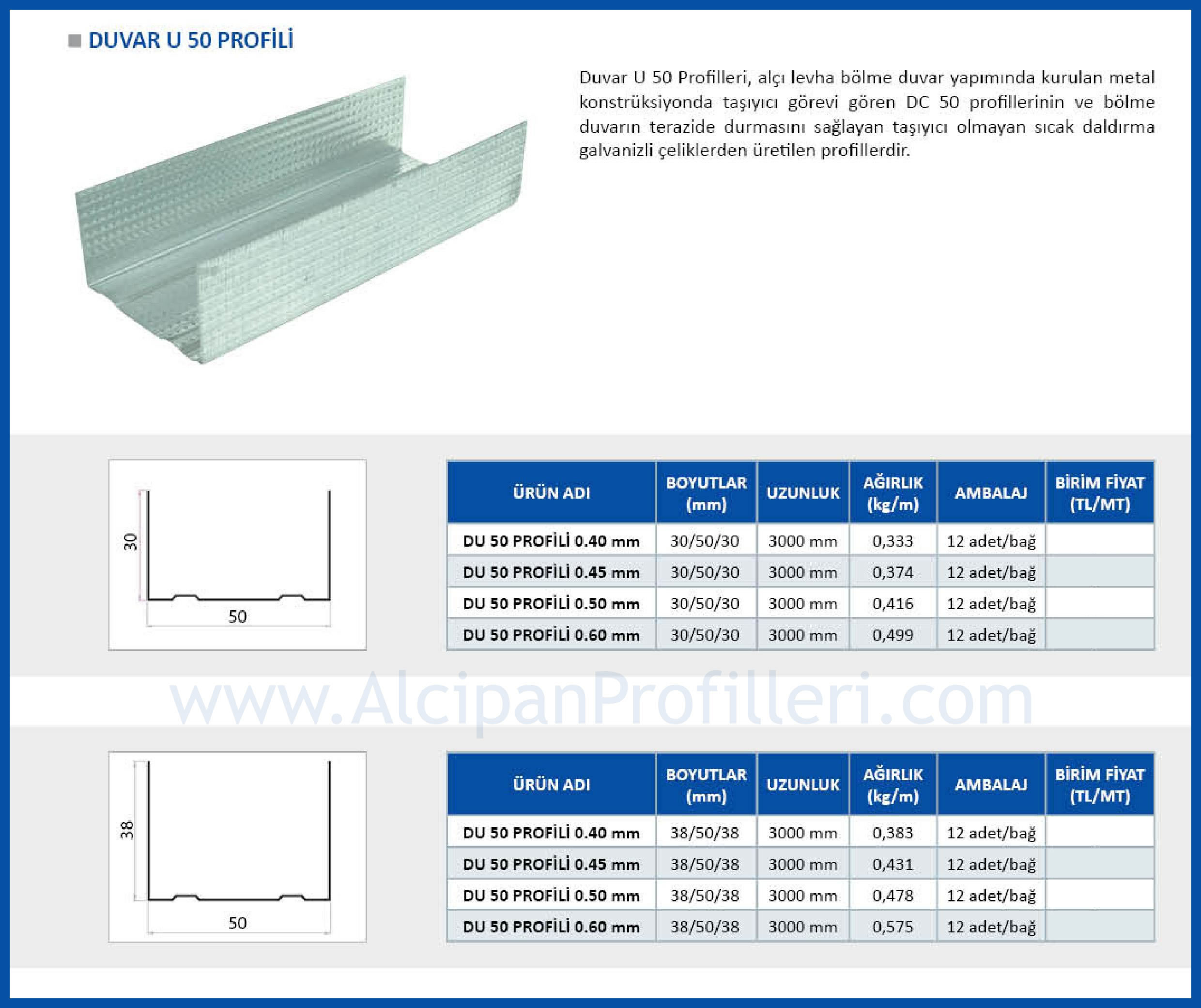 Alçıpan Duvar Tavan U ve P profilleri Ölçü Ağırlık ve Fiyat Tablosu