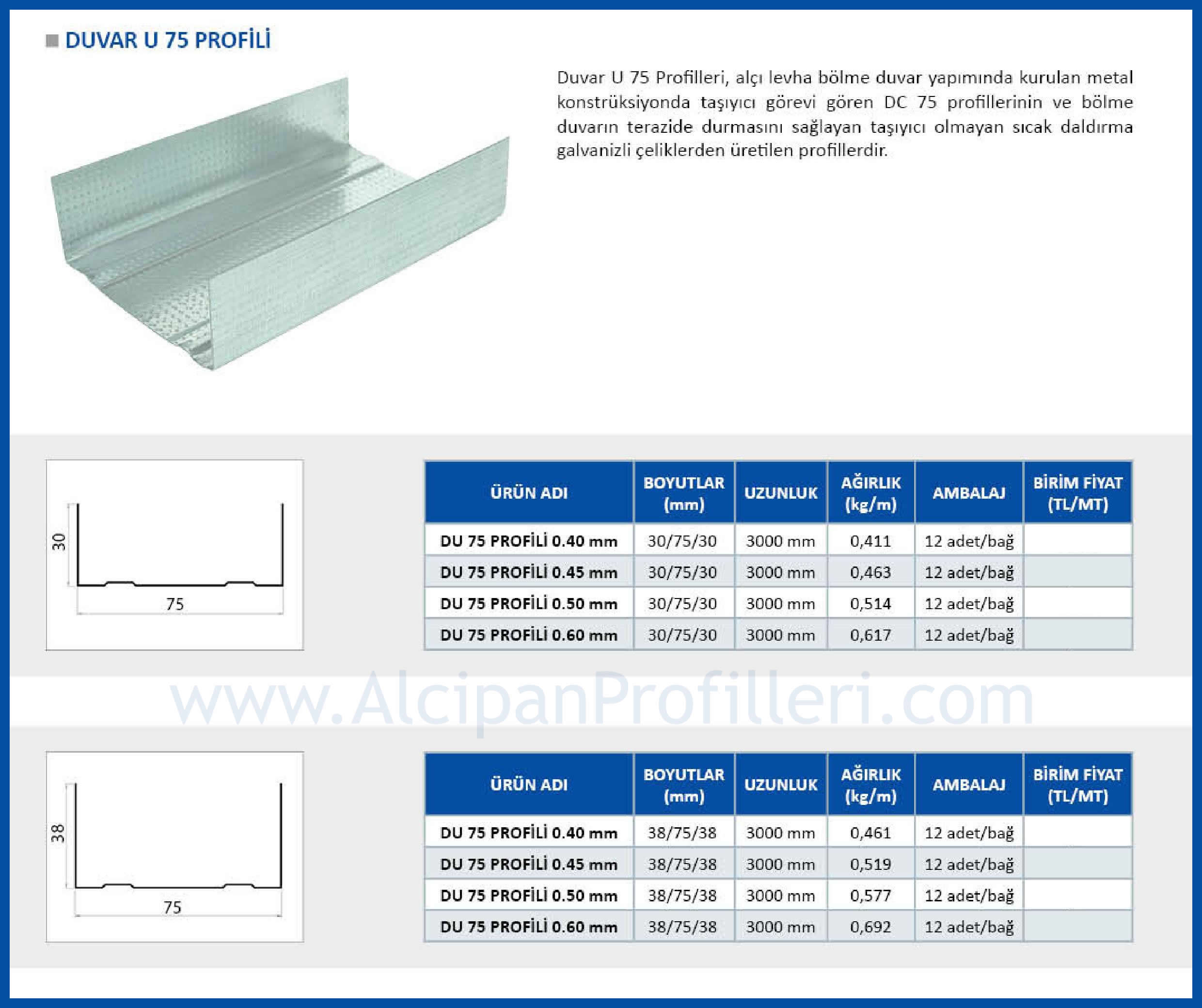 Alçıpan Duvar Tavan U ve P profilleri Ölçü Ağırlık ve Fiyat Tablosu